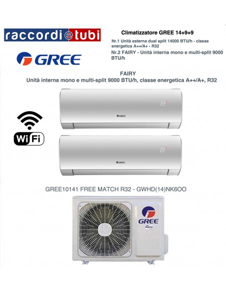 CLIMATIZZATORE GREE DUAL COMPOSTO DA NR.2 UNITA' INTERNE FAIRY 9000BTU E UNITA' ESTERNA 14.000BTU