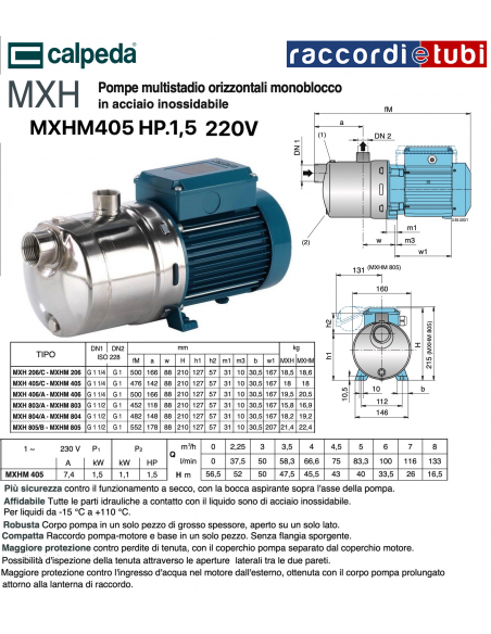 ELETTROPOMPA CALPEDA MULTIGIRANTE MXHM 405/A HP.1,5 220V