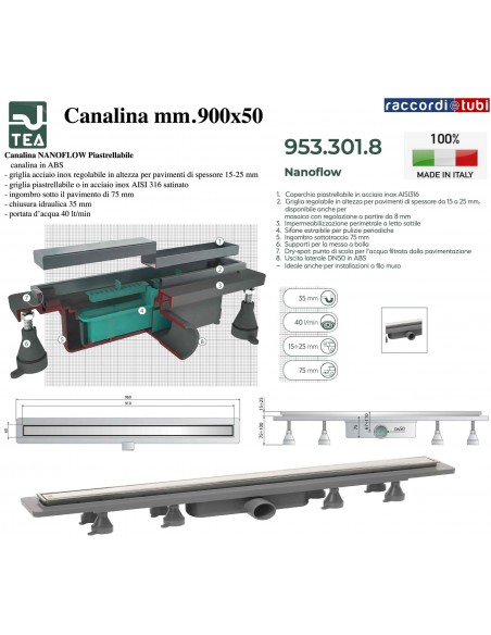 Duschrinne 900X50mm TEA OMP "NANOFLOW"
