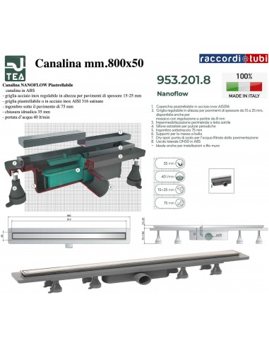DUSCHRINNE 800X50mm TEA OMP "NANOFLOW"