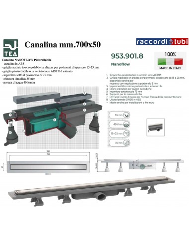 DUSCHRINNE 700X50mm TEA OMP "NANOFLOW"