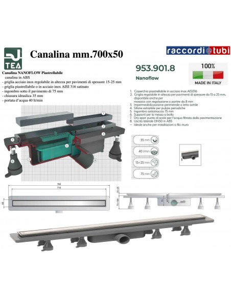 DUSCHRINNE 700X50mm TEA OMP "NANOFLOW"