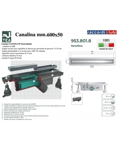 DUSCHRINNE 600X50mm TEA OMP ''NANOFLOW''