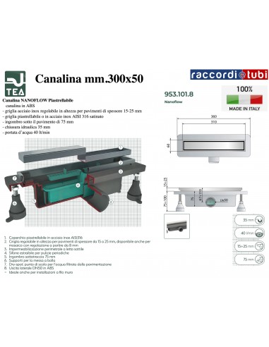 DUSCHKANAL 300X50mm TEA OMP "NANOFLOW"