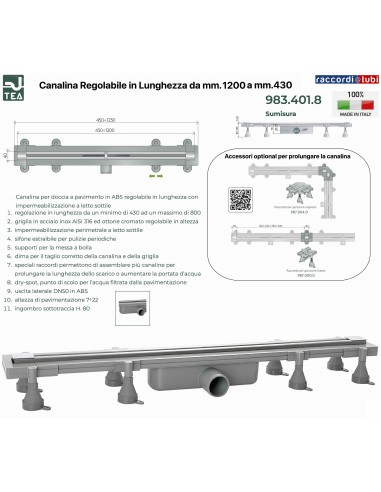 DUSCHRINNE AUF MASS VON mm 1200 BIS mm 430 TEA OMP