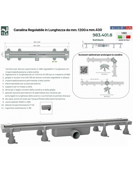 CANALINA PER DOCCIA SU MISURA DA mm.1200 a mm.430 TEA OMP