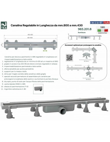 CANALINA PER DOCCIA SU MISURA DA mm.800 a mm.430 TEA OMP