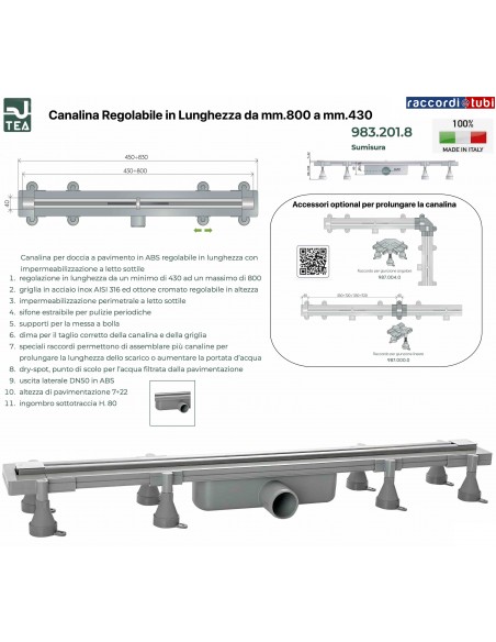 DUSCHKANAL VON 800 mm bis 430 mm AUF MASS TEA OMP