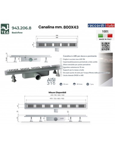 CANALINA PER DOCCIA 800X43mm TEA OMP ''BASICFLOW"