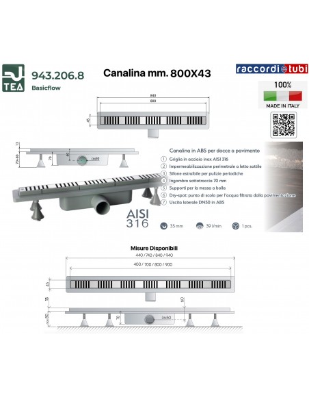 CANALINA PER DOCCIA 800X43mm TEA OMP ''BASICFLOW"