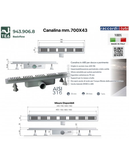 DUSCHRINNE 700X43mm TEA OMP "BASICFLOW"