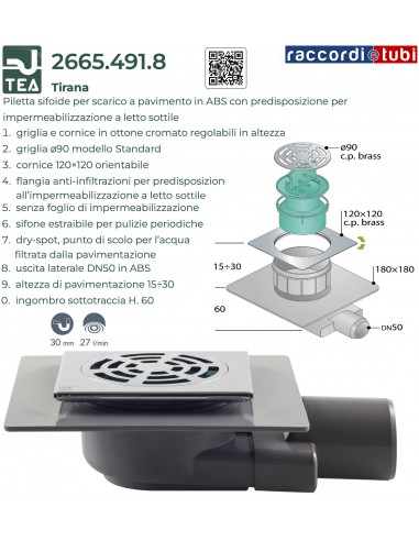 BODENABLASS ABS MIT EDELSTAHLROST 120x120mm TEA...