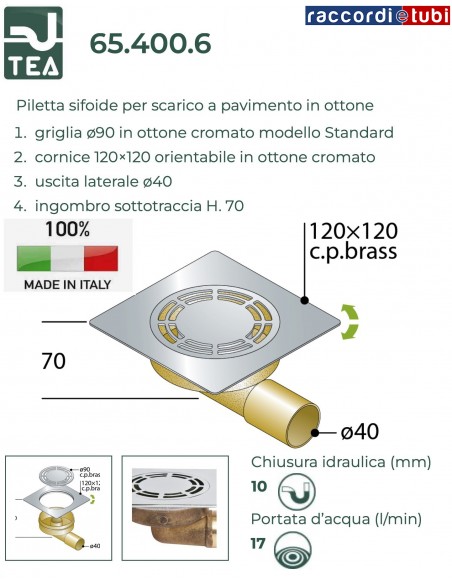 BODENABLAUF MIT SIFON UND SIFOIDEN-ABLAUFGITTER 120x120mm AUS MASSIVEM MESSING TEA OMP
