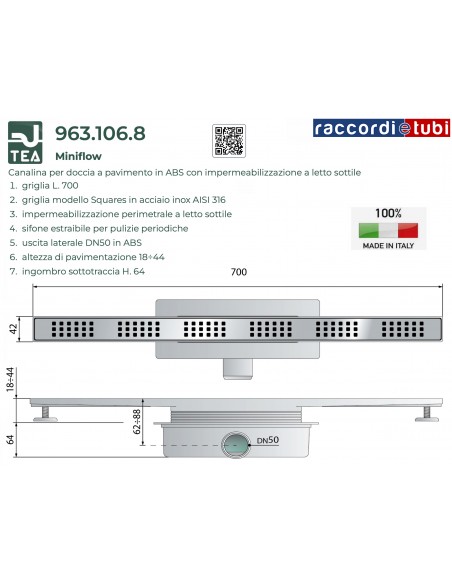 CANALINA PER DOCCIA MINIFLOW LINEARE mm.700X42 TEA OMP