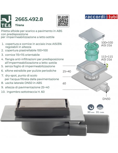 SIFONE PAVIMENTO ABS INOX 100x100 PIASTRELLABILE TEA OMP