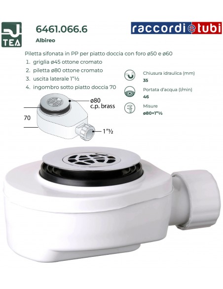 SIFONE PIATTO DOCCIA DIAMETRO 50/60 RIBASSATO OMP 6461.066.6 GRIGLIA IN OTTONE