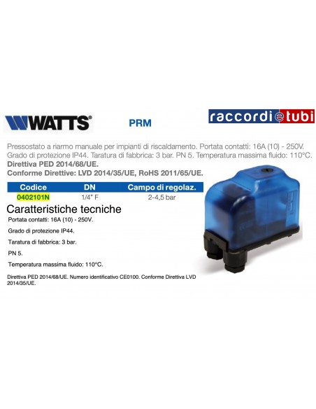 PRESSOSTATO DI MASSIMA 2*4,5 BAR CON RIARMO MANUALE