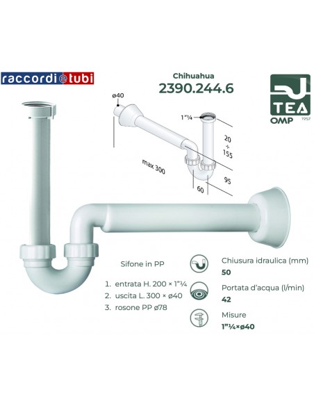 SIFONE LAVABO TEA IN PP D.11/4''x40mm h.75-250mm