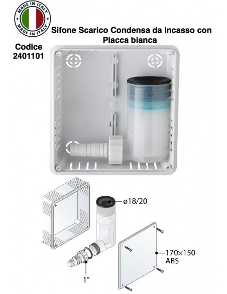 SIFONE SCARICO CONDENSA DA INCASSO CON SIFONE E PLACCA BIANCA
