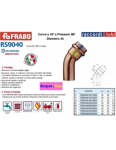 CURVA RAME A PRESSARE 45° MASCHIO FEMMINA 42X42