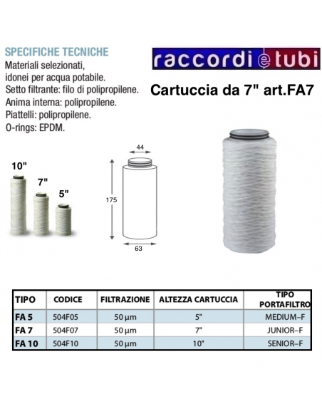 CARTUCCIA FILTRANTE IN FILO AVVOLTO DA 7" CON ORING FA 504F07
