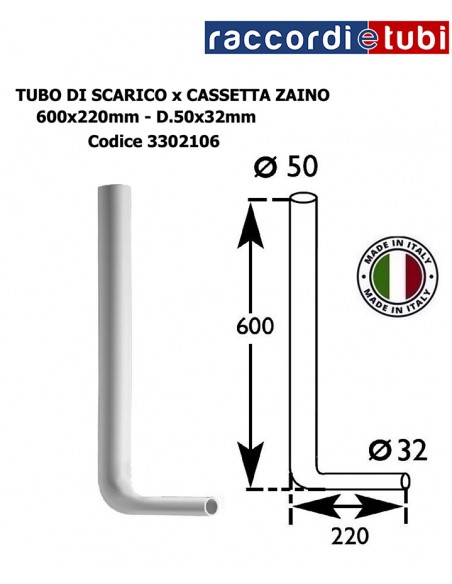 TUBO SCARICO CASSETTA ZAINO 600X220mm  Diametro 50x32mm