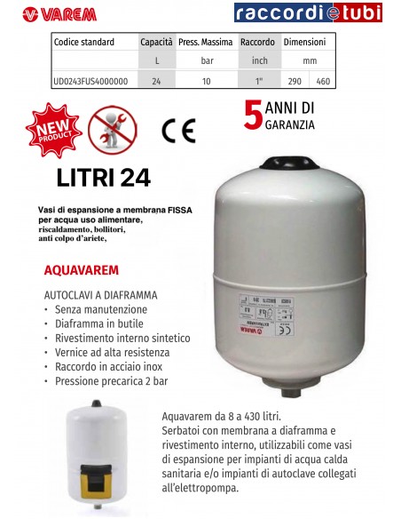 VASO DI ESPANSIONE VAREM CILINDRICO LT.24 MULTIFUNZIONE