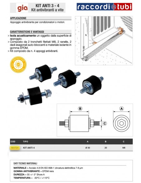 ANTIVIBRANTE GIA KIT 4 PEZZI  30/20MM M8 ART.161731