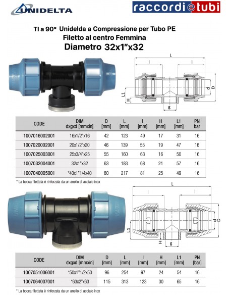 TEE A 90° A COMPRESSIONE F.32X1"X32 UNIDELTA PER TUBO PE