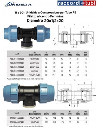 TEE A 90° A COMPRESSIONE F.20X1/2X20 UNIDELTA...