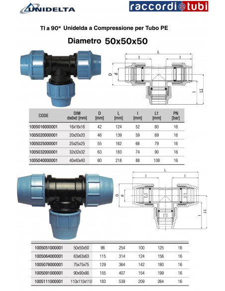 90° Kompressions-T-Stück 50X50X50 UNIDELTA für PE-Rohr