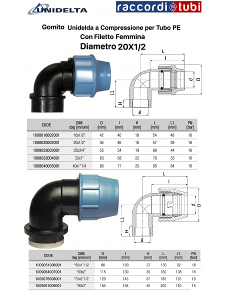 GOMITO FILETTO FEMMINA 20x1/2 A COMPRESSIONE PER TUBO PE UNIDELTA