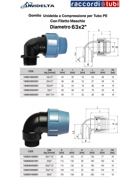 GOMITO FILETTO  MASCHIO 63X2" A COMPRESSIONE PER TUBO PE UNIDENTA