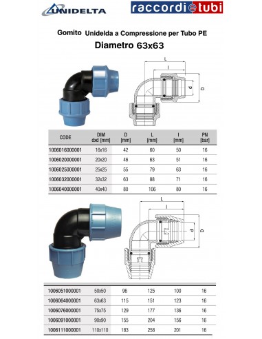 90° KOMPRESSIONSWINKEL 63X63 UNIDELTA FÜR PE-ROHR