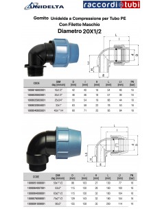 GOMITO FILETTO  MASCHIO 20x1/2 A COMPRESSIONE PER TUBO PE...