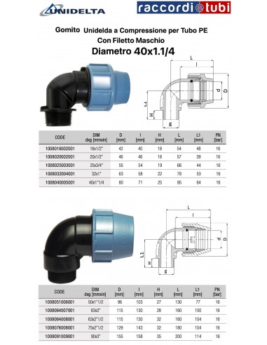 GOMITO FILETTO  MASCHIO 40X1.1/4 A COMPRESSIONE...