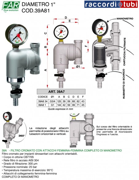 FILTRO FAR ORIENTABILE IN OTTONE CROMATO DIAMETRO 1" 39A8 1