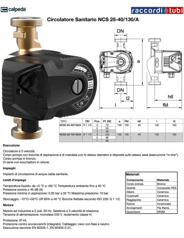 SANITÄR-UMWÄLZPUMPE CALPEDA NCS3 25-40/130A 230V