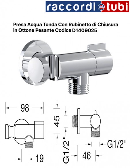 PRESA D'ACQUA TONDA CON RUBINETTO DI CHIUSURA IN OTTONE CROMATO 