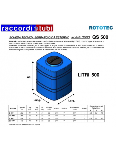 SERBATOIO CUBO LT.500 QS500 ROTOTEC