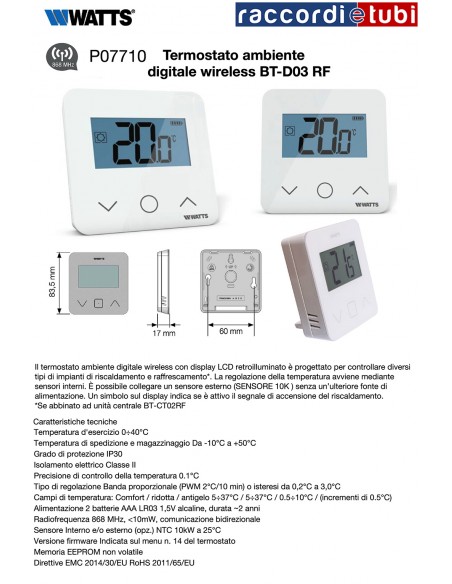 TERMOSTATO AMBIENTE WATTS  BT-D03 RF BIANCO