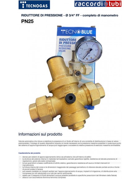 RIDUTTORE PRESSIONE TECNOGAS D.3/4 PN25  70102 COMPLETO DI MANOMETRO