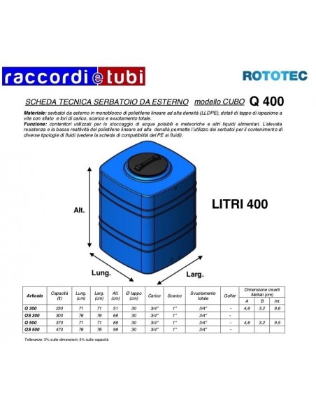 SERBATOIO CUBO LT.400 Q400 ROTOTEC