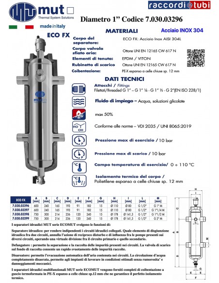 MUT SEPARATORE IDRAULICO INOX ECOMUT DIAM.1"  7.030.03296