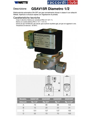 GASANSCHALTVENTIL ON-OFF 1/2 GSAV15R 230V WATTS