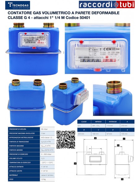 CONTATORE GAS VOLUMETRICO A PARETE DEFORMABILE CLASSE G 4 - attacchi 1" 1/4 M