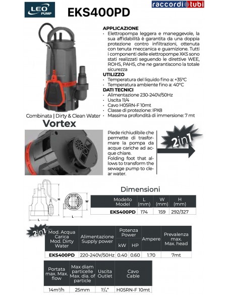 ELETTROPOMPA  LEO PUMP IMMERSIONE EKS400PD HP.0,6