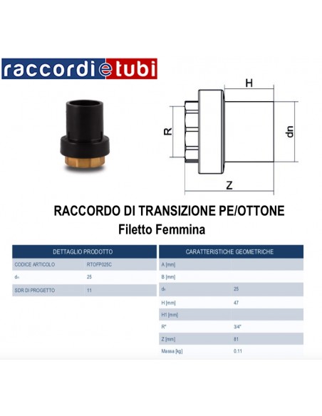 RACCORDO DI TRANSIZIONE PE/OTTONE FEMMINA 25X3/4
