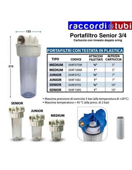 CONTENITORE PER FILTRO DIAMETRO 3/4 PER CARTUCCIA FILTRO 10 " OR