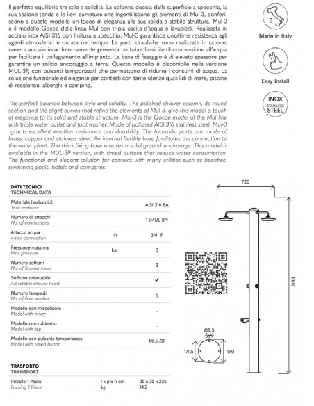 Doccia in Acciaio INOX 316 BA  ATI MUL-3P